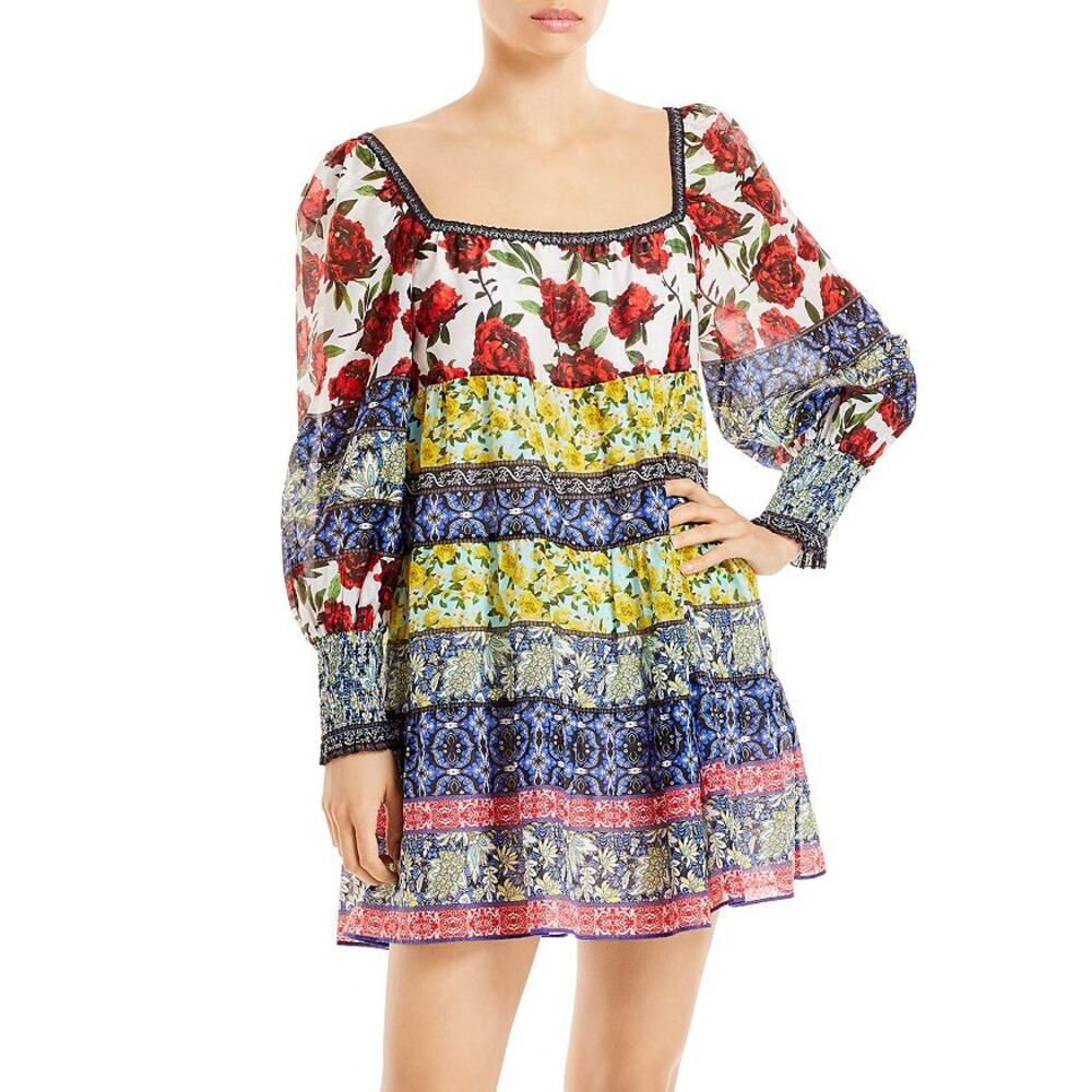 Alice & Olivia Rowen Dress Mixed Print Floral Mini Silk Long Sleeve Tiered Sz L‎
